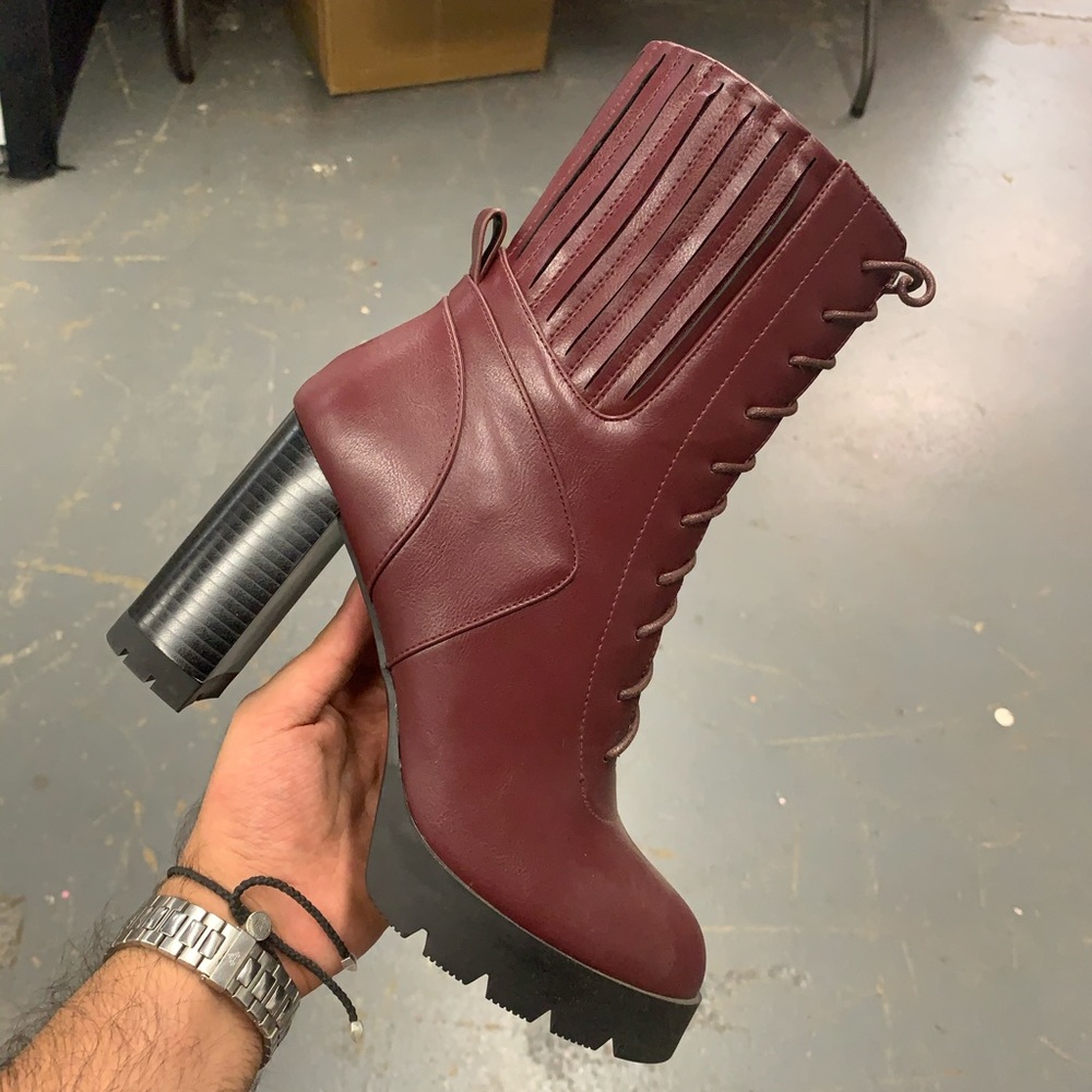 Women’s Platform Ankle Combat Boot in Maroon Faux Leather